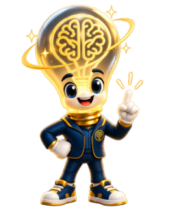Mascote da Lúmen GC com cabeça em forma de lâmpada, representando conhecimento e ideias.