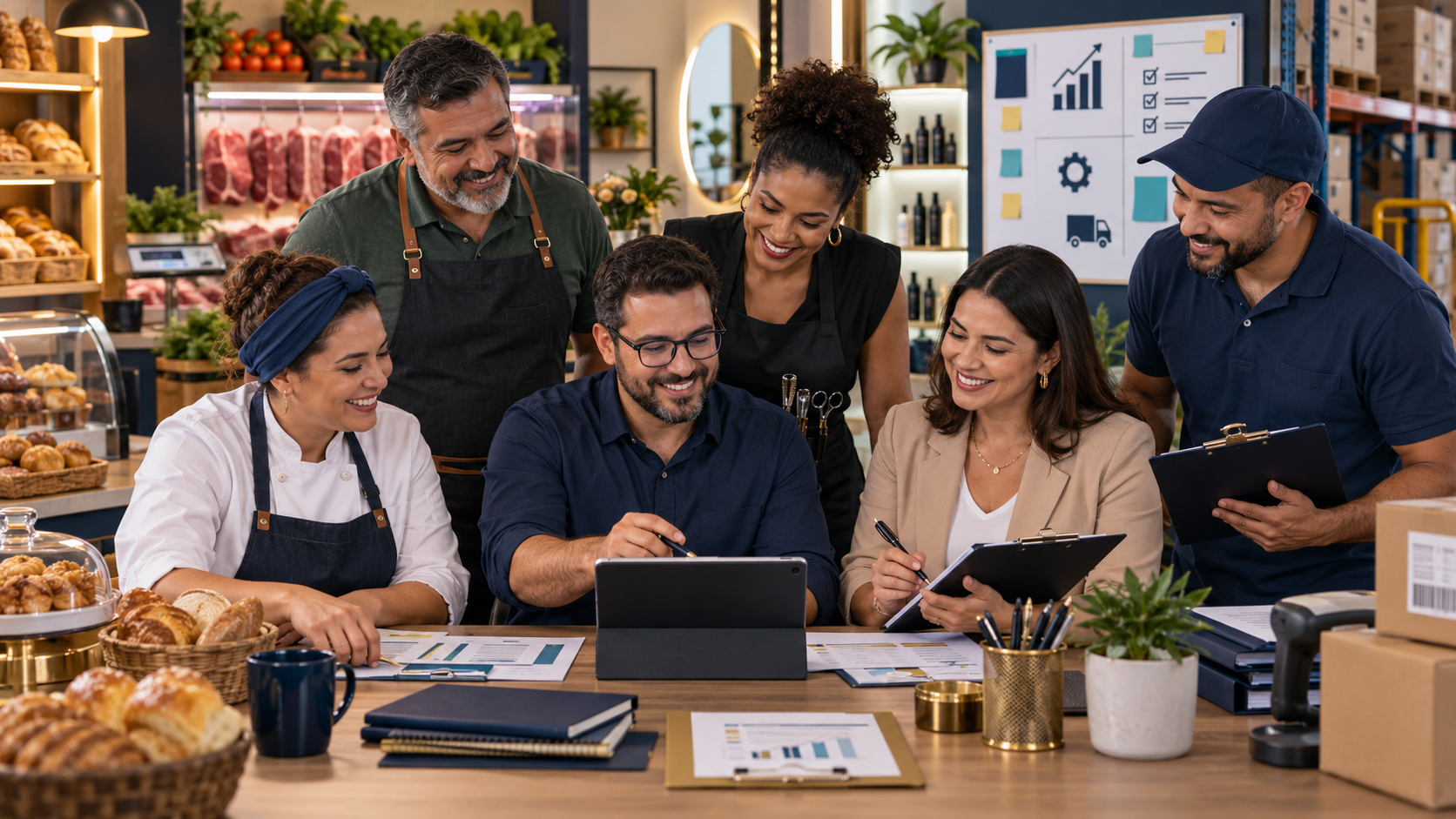 Equipe de pequena e média empresa organizando processos, informações e decisões